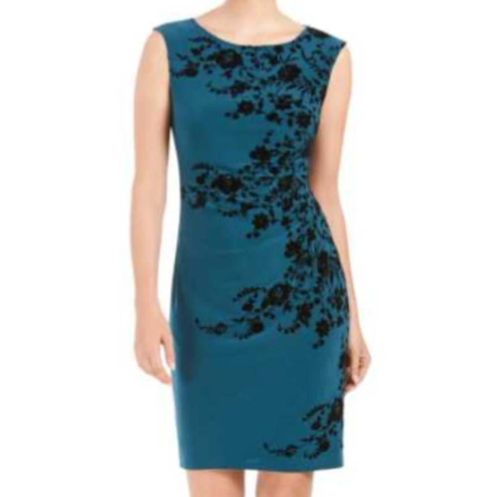Jessica Howard Green Black Flocked Floral Velvet Sleeveless Ruched Sheath Dress
